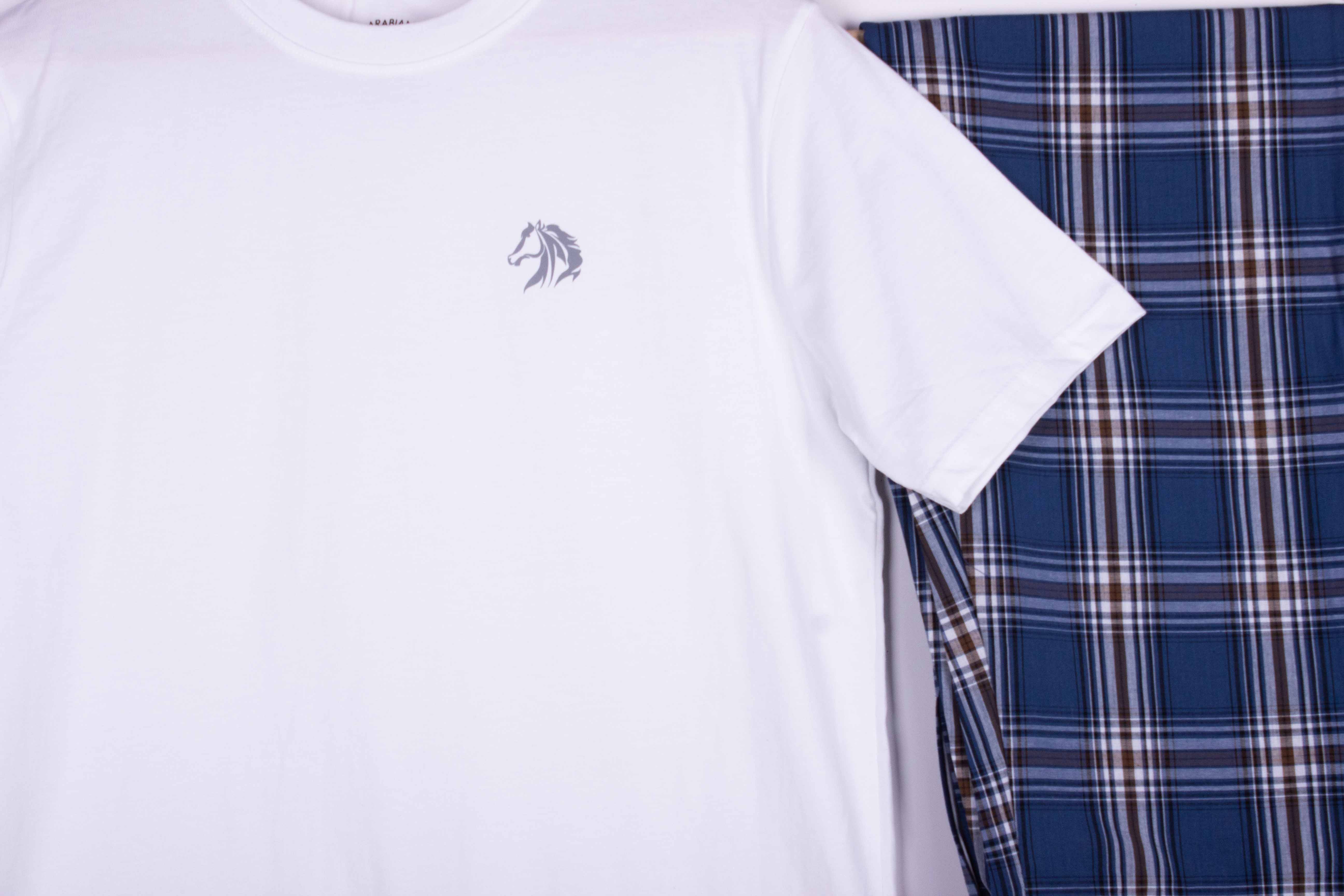 White Tee Blue Brown Tartan Pajamas