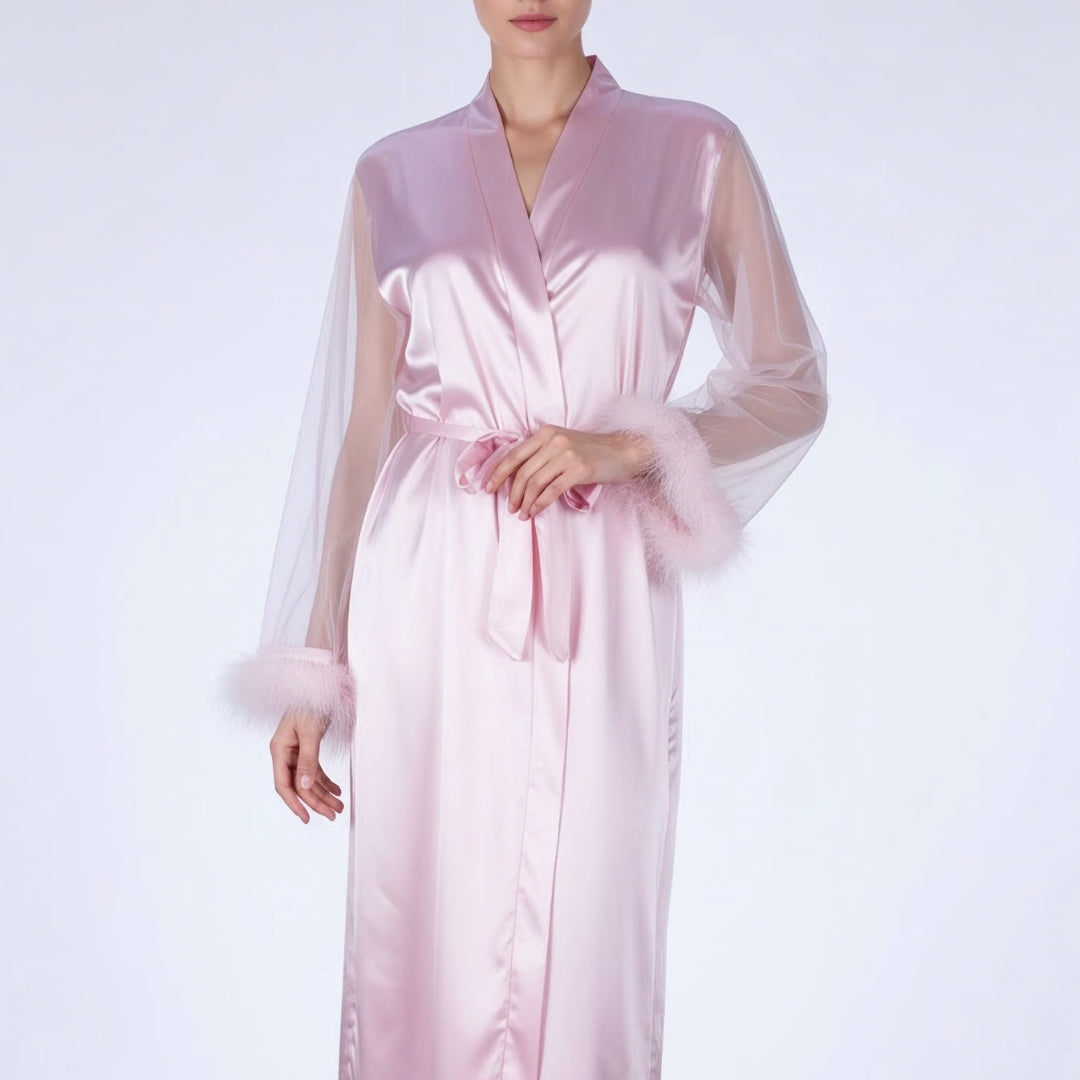 Mira Blush Feather Satin Robe