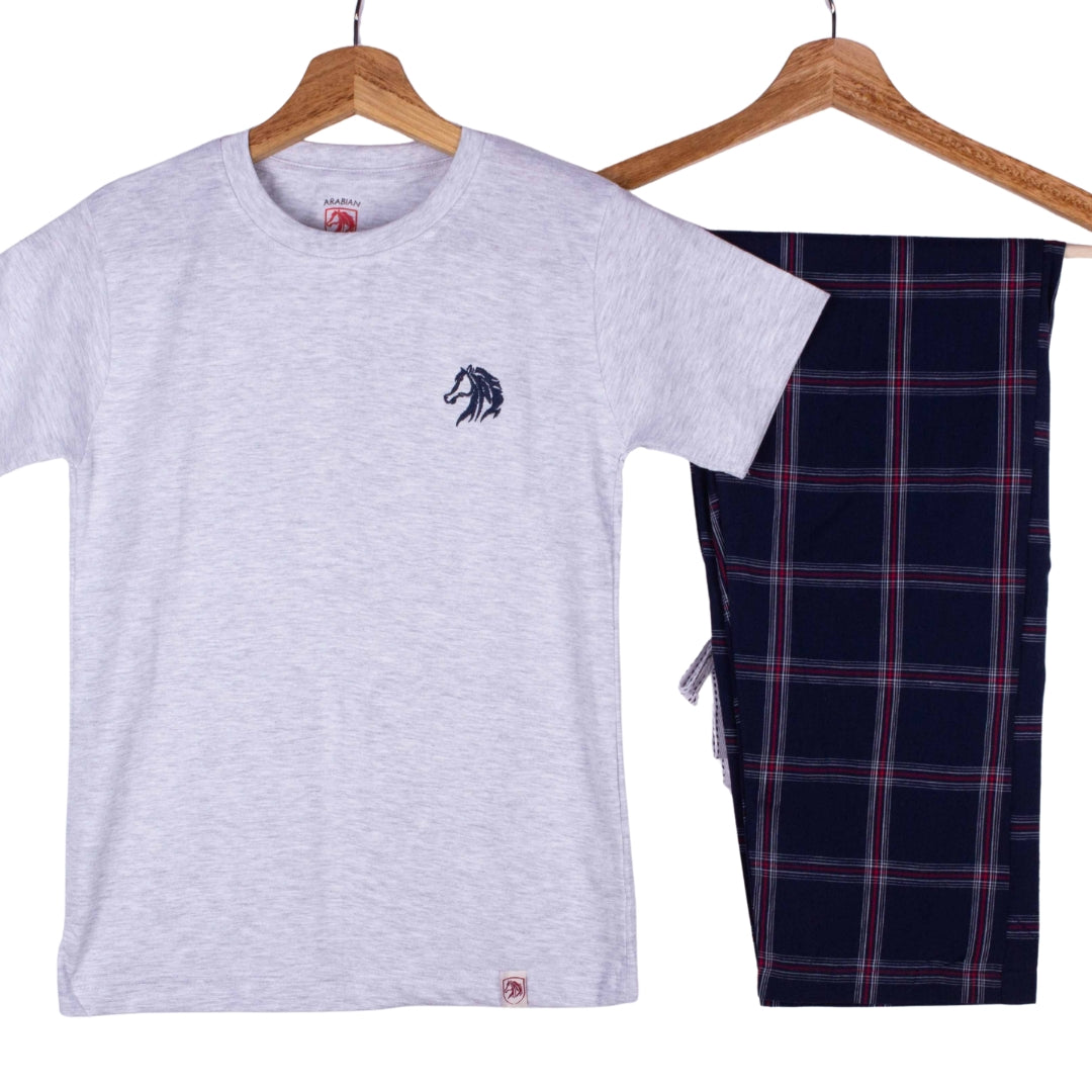 Kids Light Grey Navy Red Windowpane Plaid