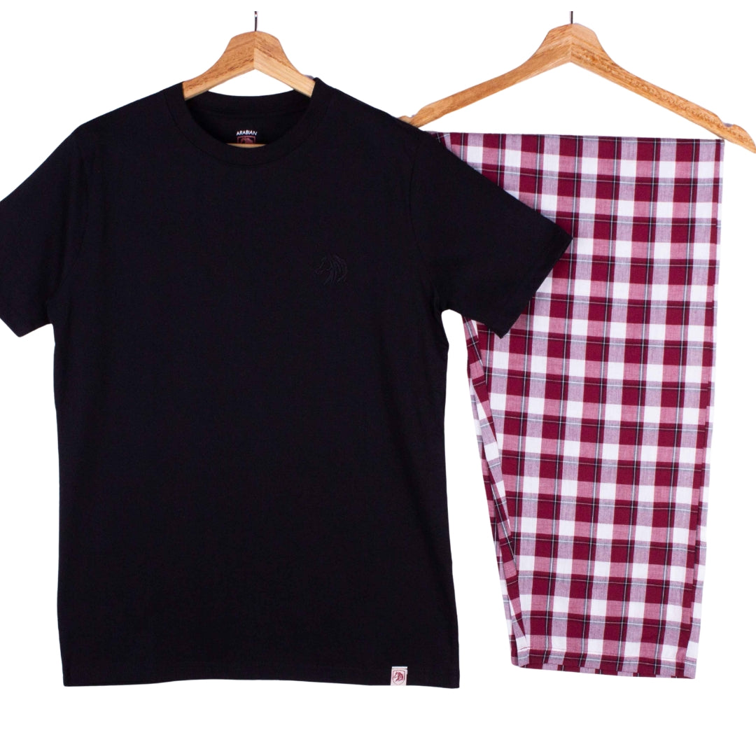 Black Tee Burgundy Check Pajamas