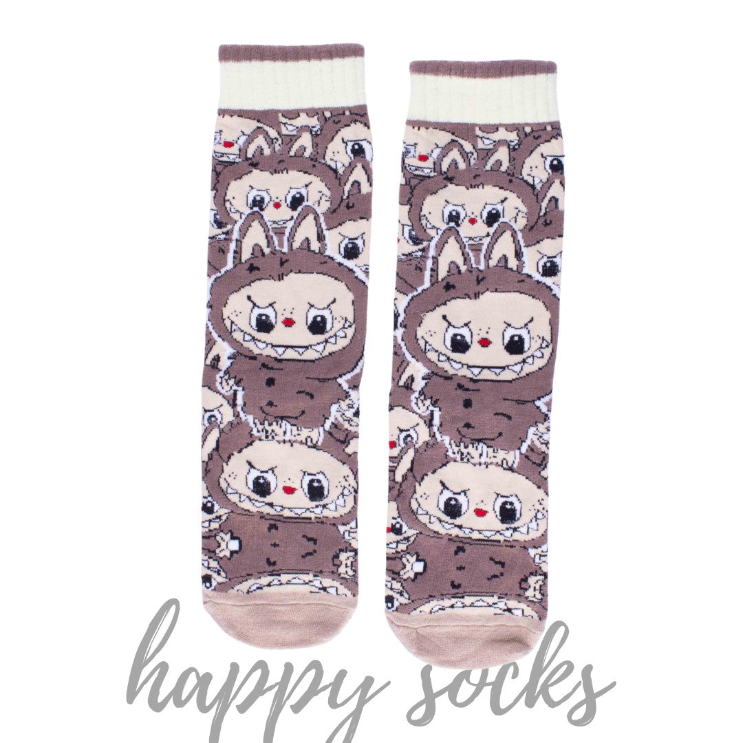 Cozy Brown Labubu - Crew 100% Cotton Socks