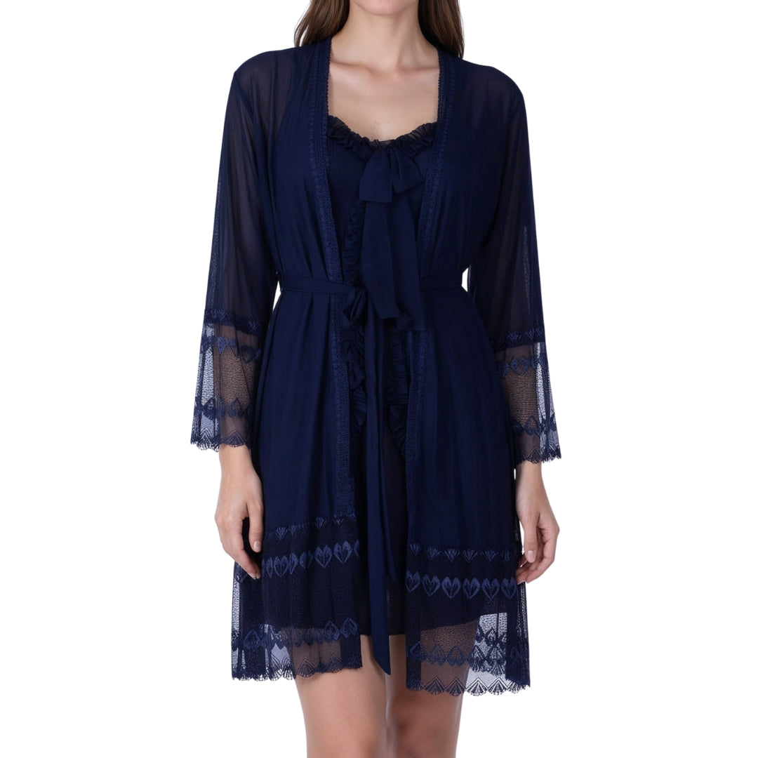 Riwa Navy Ruffle Babydoll Robe Set