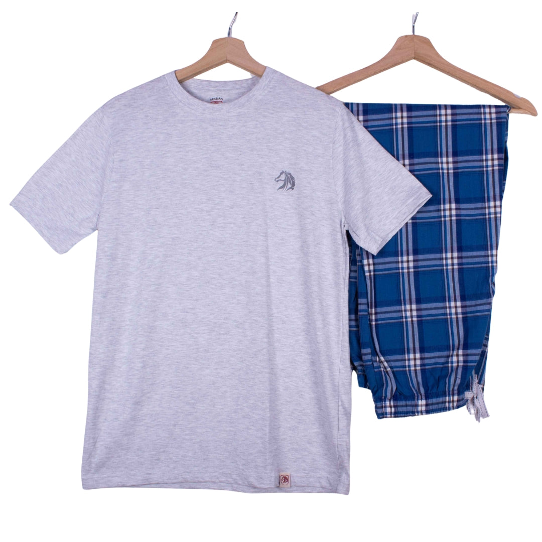 Heather Grey Tee Royal Blue Tartan Pajamas