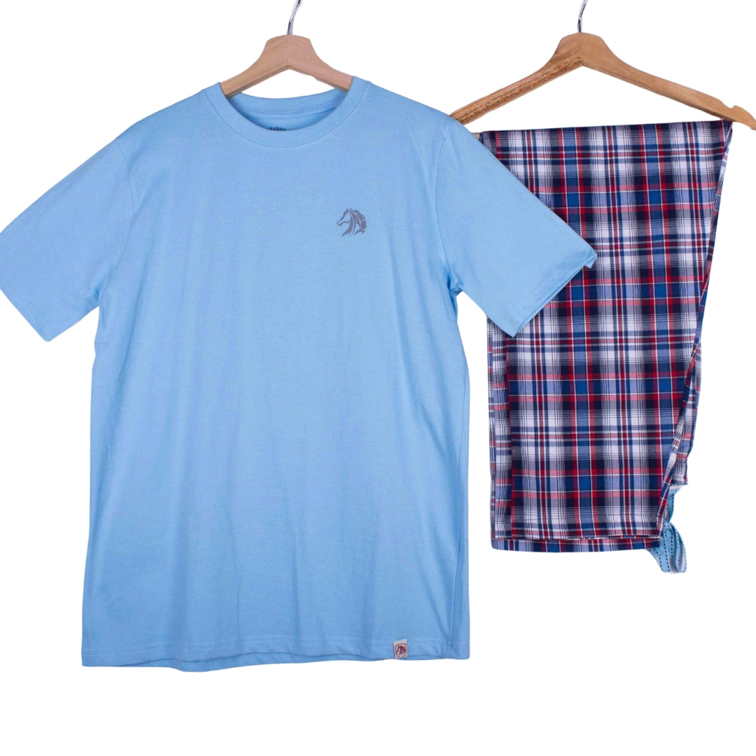 Sky Blue Tee Red Navy Plaid Pajamas