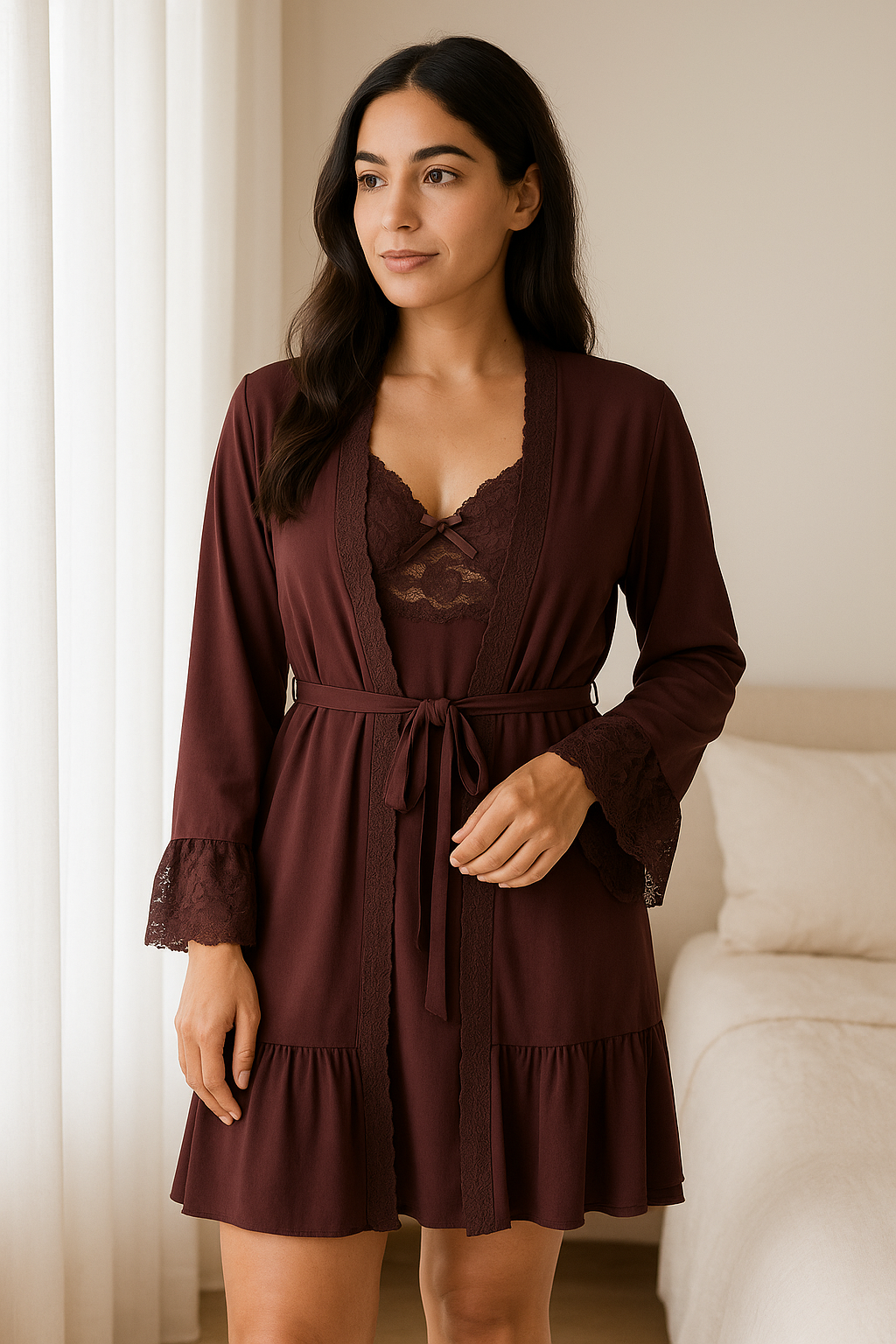 ELARA – Mocha Lace Trim Chemise & Robe Set