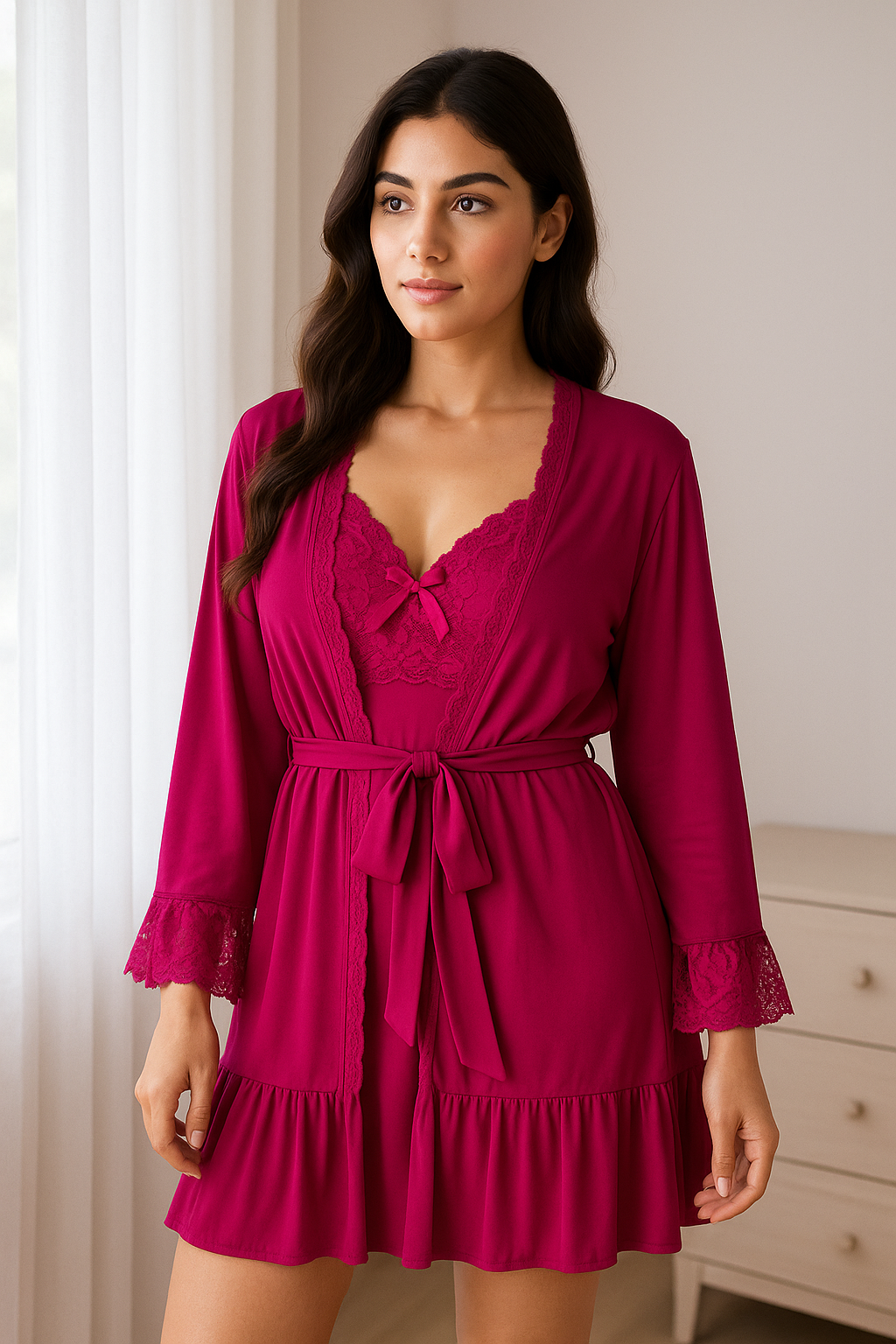 ELARA – Rose Flame Lace Trim Chemise & Robe Set