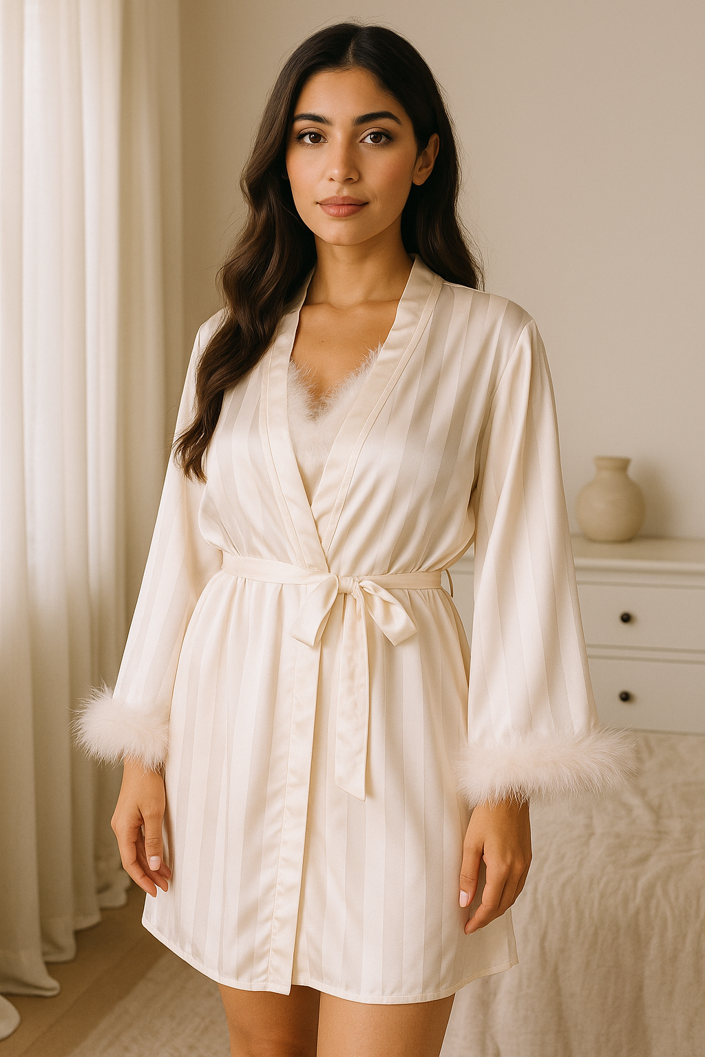 LUNA – Vanilla Bloom Feather-Trim Satin Romper & Robe Set