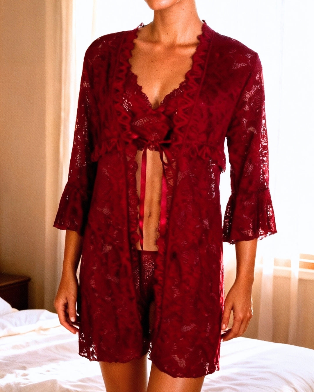 Leya Red 3-Piece Lace Lingerie Set