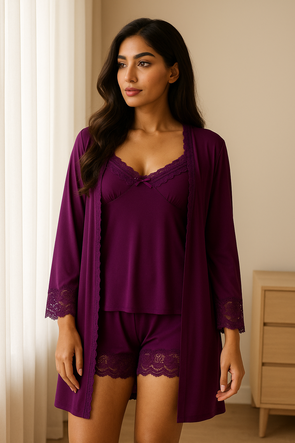 SELENA – Plum Lace Trim 3-Piece Set