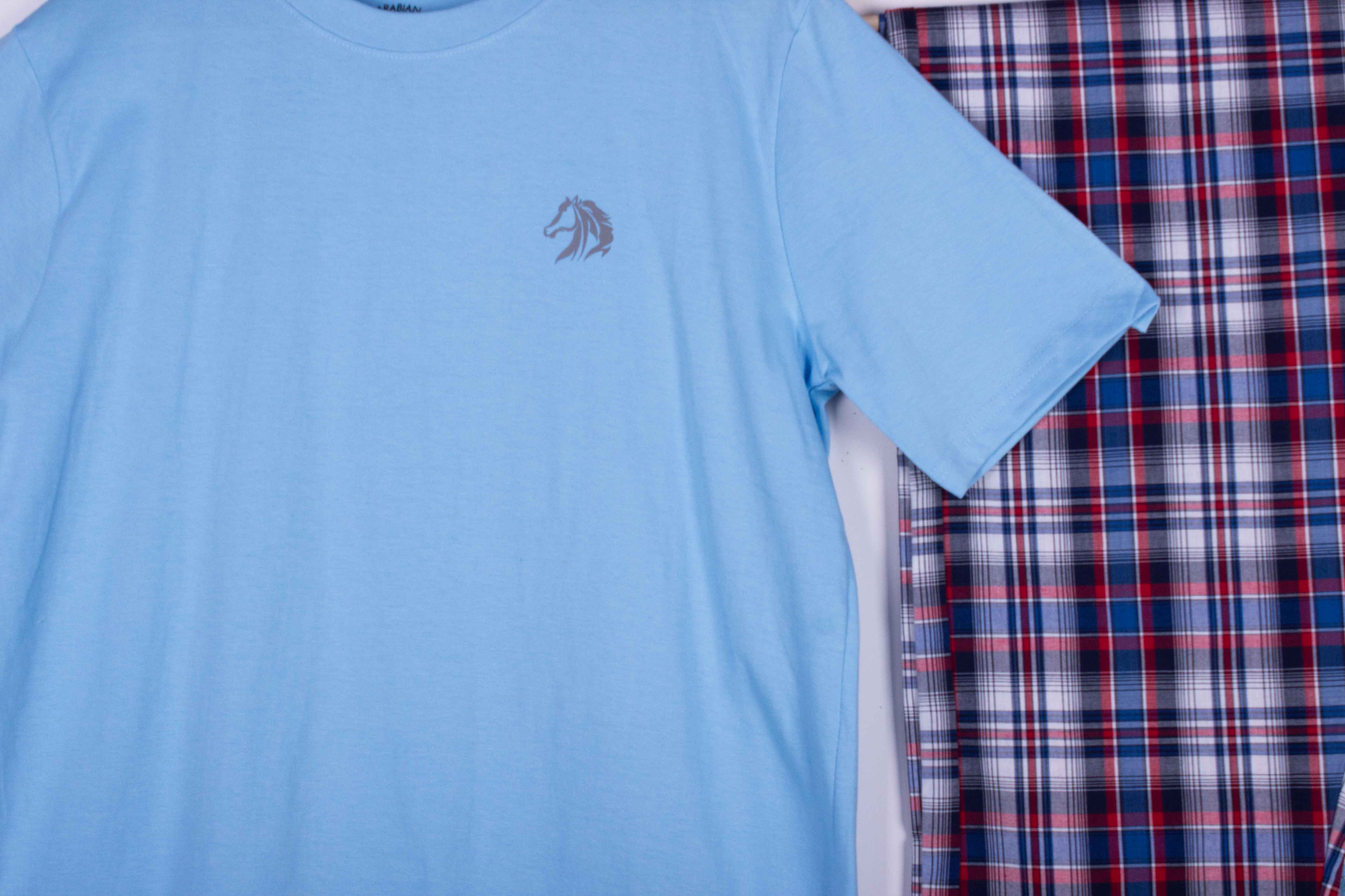 Sky Blue Tee Red Navy Plaid Pajamas
