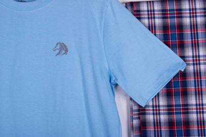 Sky Blue Tee Red Navy Plaid Pajamas
