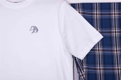 White Tee Blue Brown Tartan Pajamas