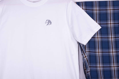 White Tee Blue Brown Tartan Pajamas