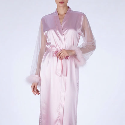 Mira Blush Feather Satin Robe