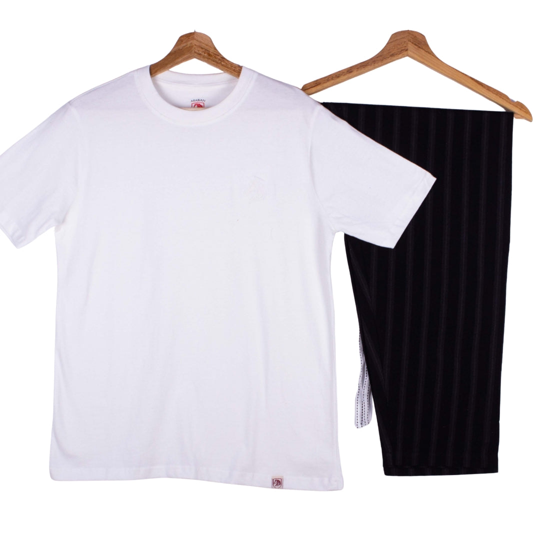 White Tee Black Stripe Pajamas