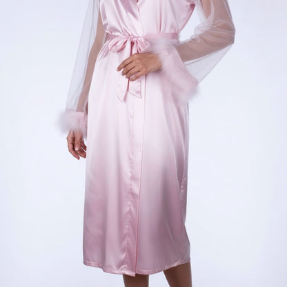 Mira Blush Feather Satin Robe
