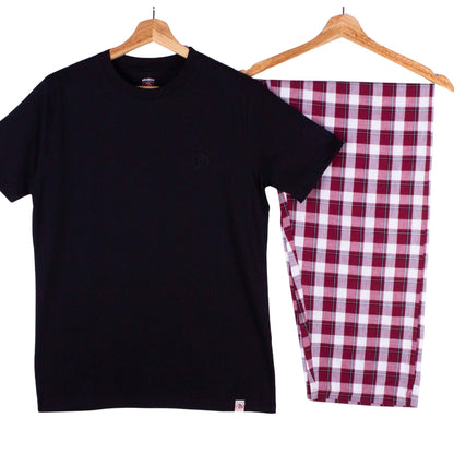 Black Tee Burgundy Check Pajamas