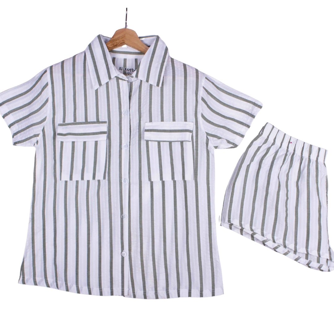 Sage Stripe Button Up Shorts
