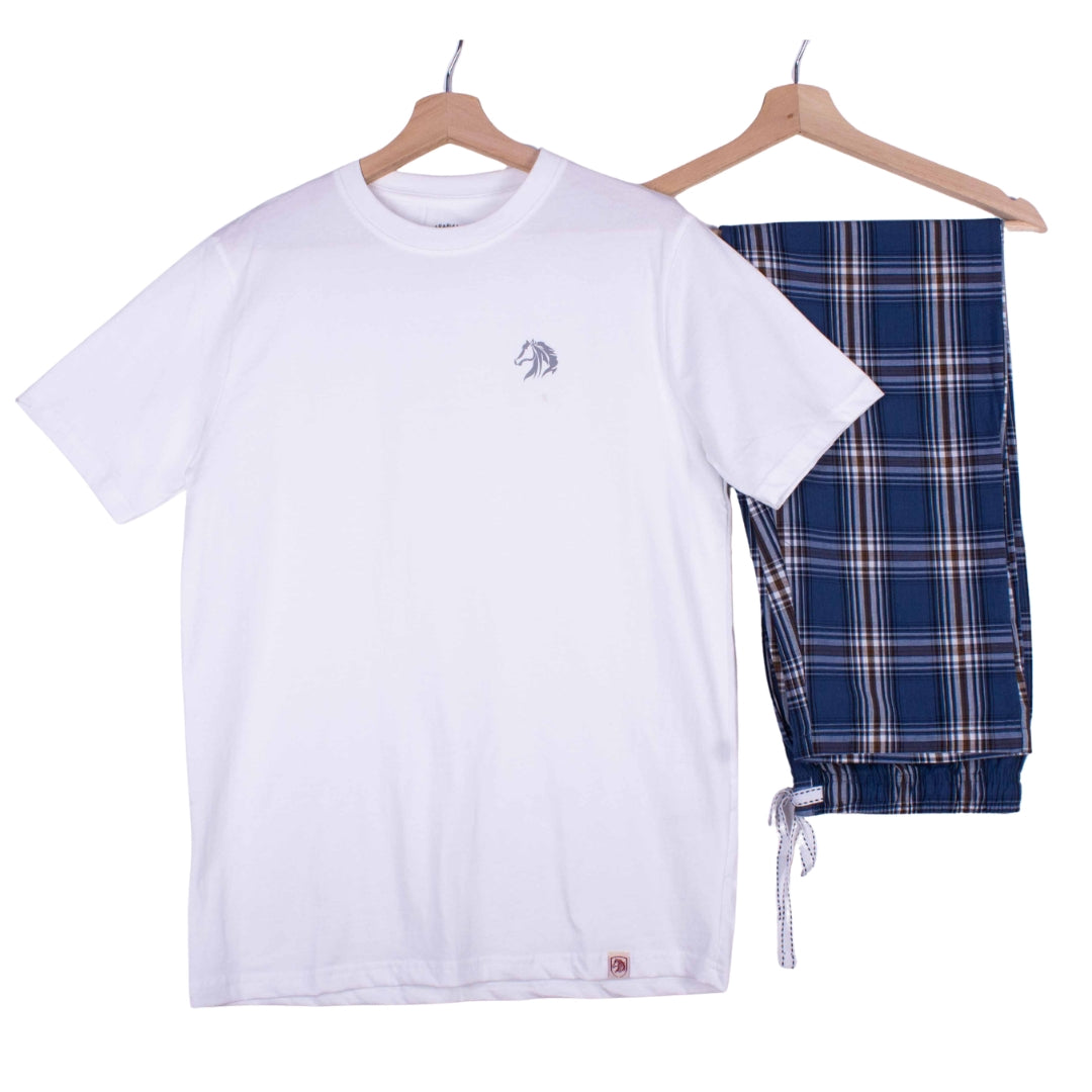 White Tee Blue Brown Tartan Pajamas