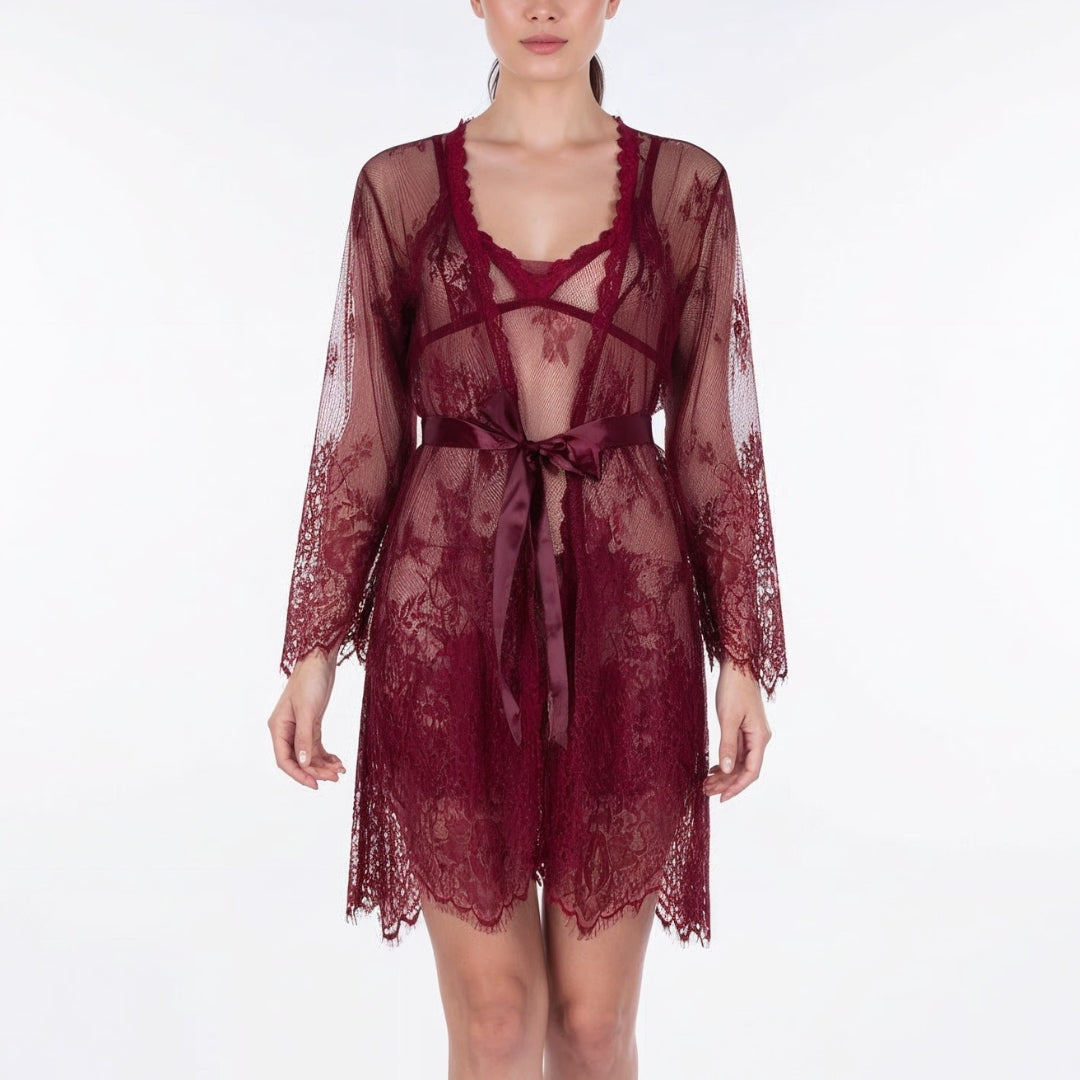 Rina Burgundy Lace Robe w/ Underset