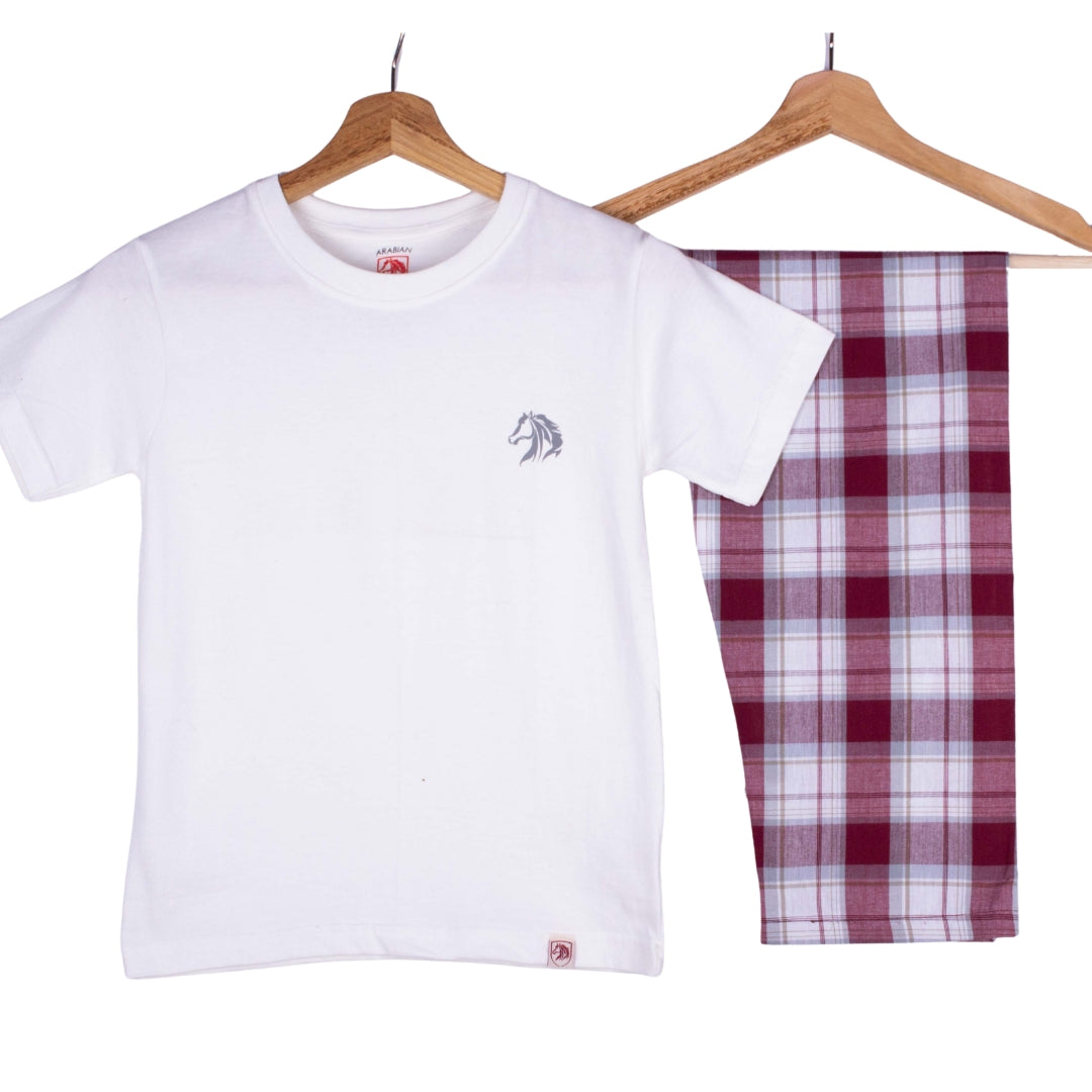 White Tee Burgundy Plaid Pajamas
