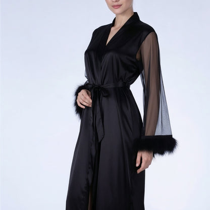 Mira Black Feather Satin Robe