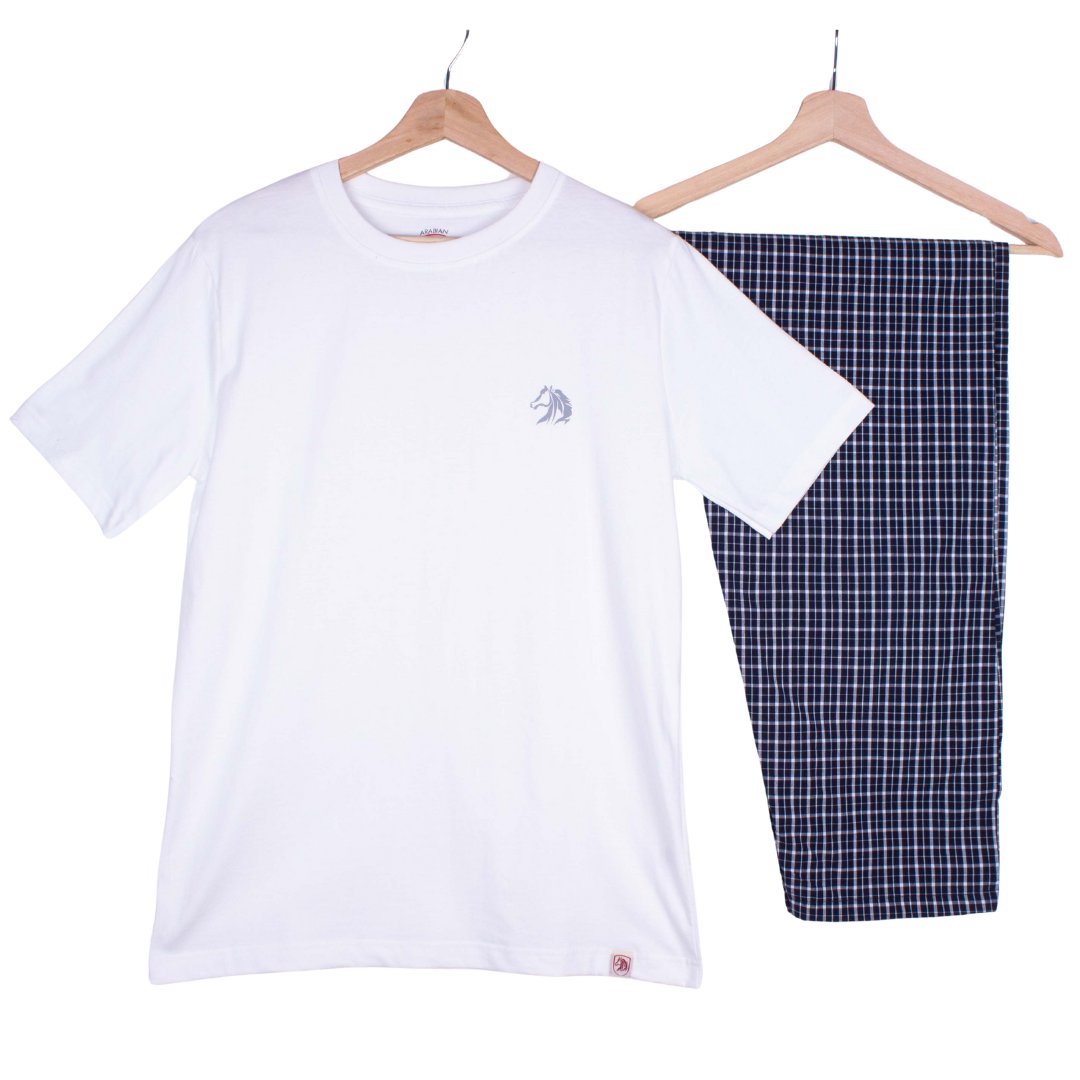 Pure White, Navy Buffalo Check