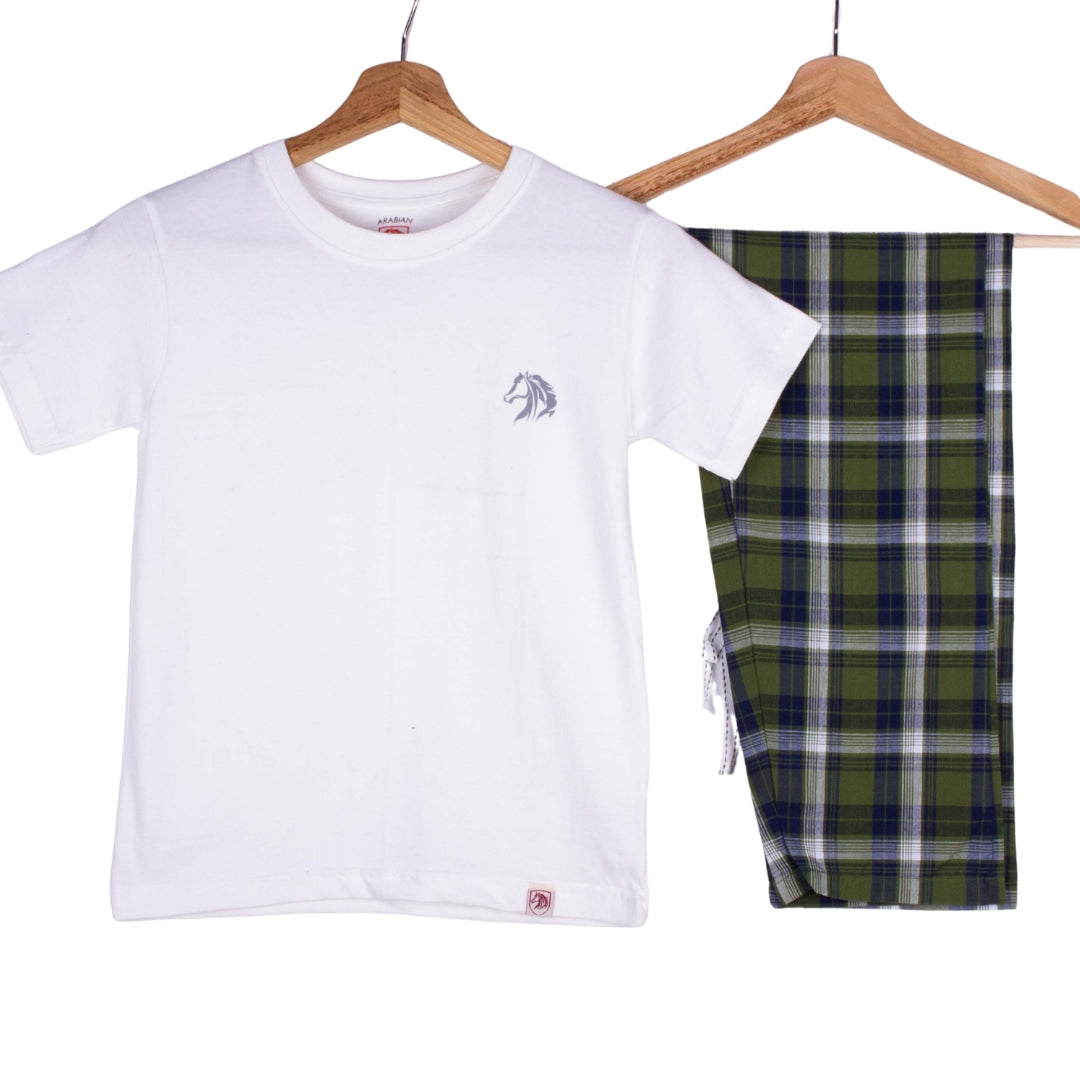 Kids White Tee Olive Tartan Pajamas