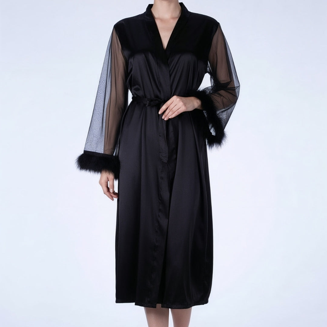 Mira Black Feather Satin Robe