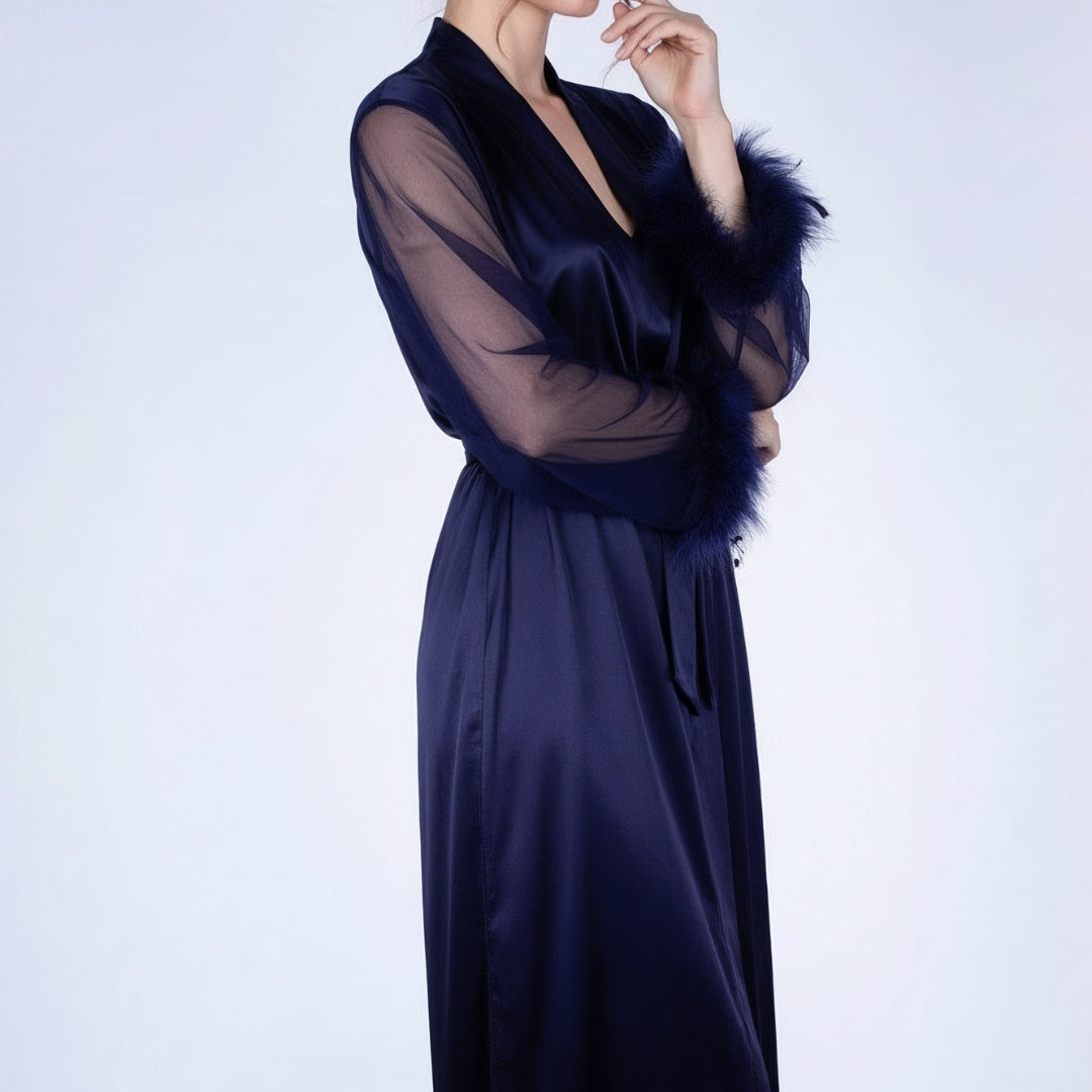 Mira Navy Feather Satin Robe