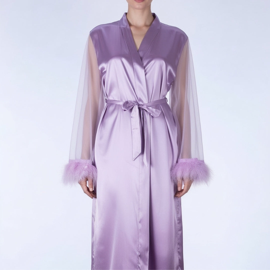 Mira Lavender Feather Satin Robe