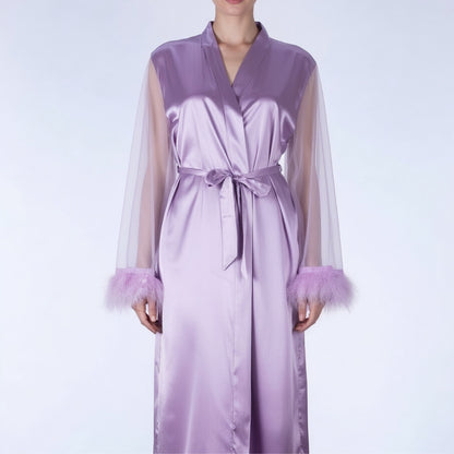 Mira Lavender Feather Satin Robe