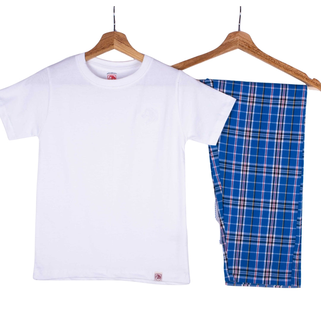 White Tee Cobalt Windowpane Pajamas