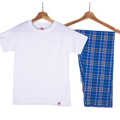 White Tee Cobalt Windowpane Pajamas