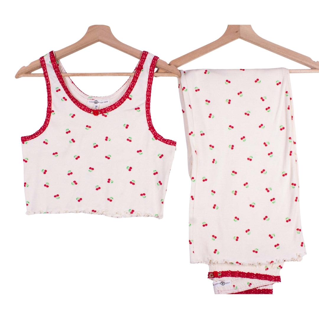 Cherry Lace Cream Tank Top Bell Bottoms