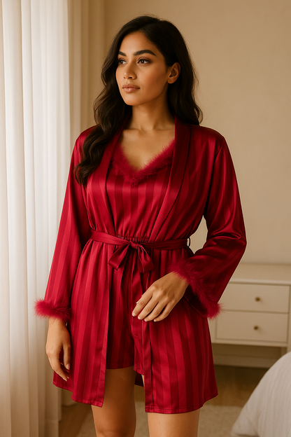 LUNA – Scarlet Flame Feather-Trim Satin Romper & Robe Set