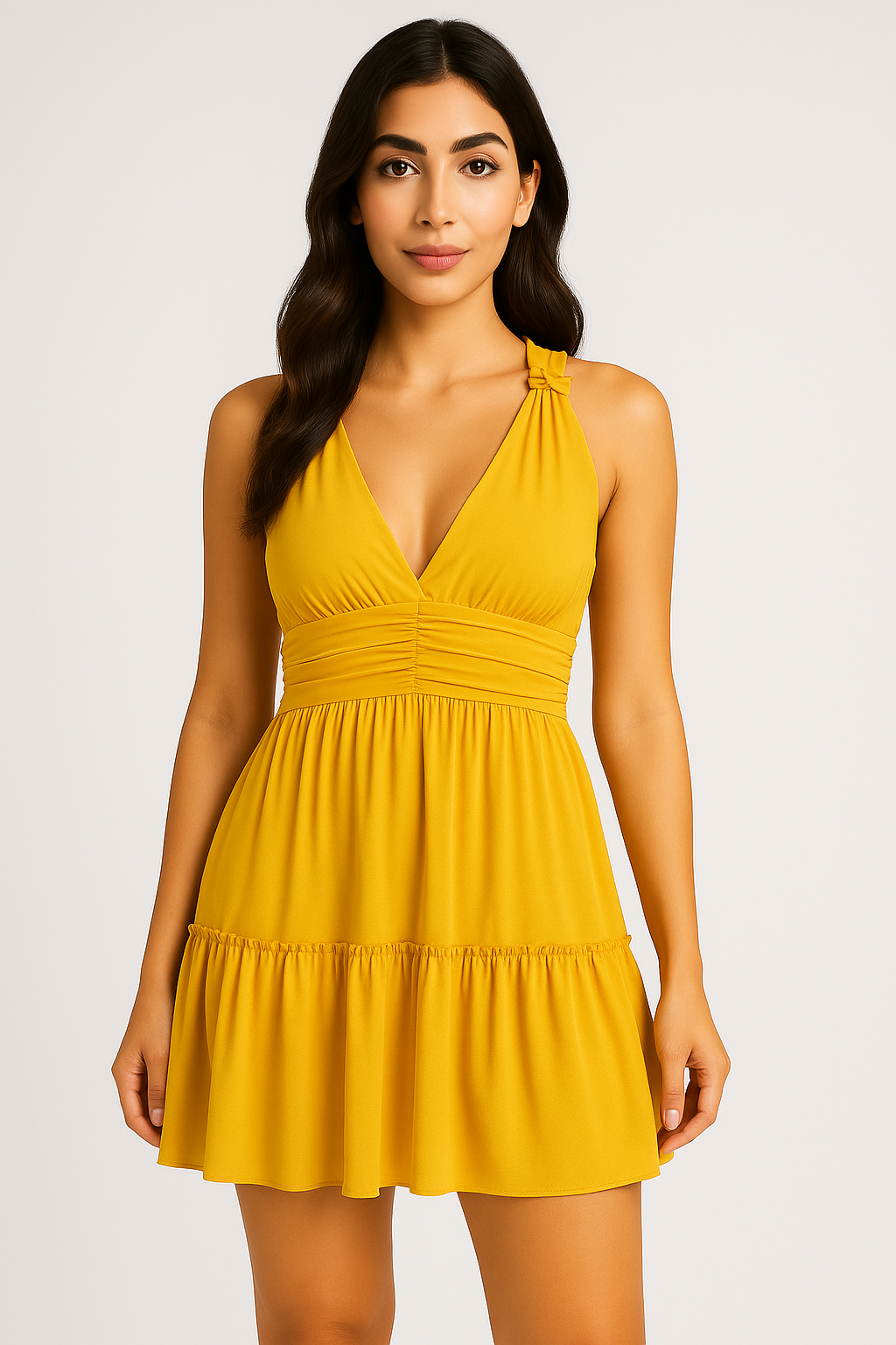 LYRA – Golden Sun Ruched Halter Babydoll